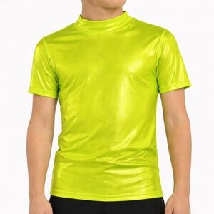 Weissman Boys Metallic Mock Neck Dance Top MC Neon Yellow Green Stretch Shirt